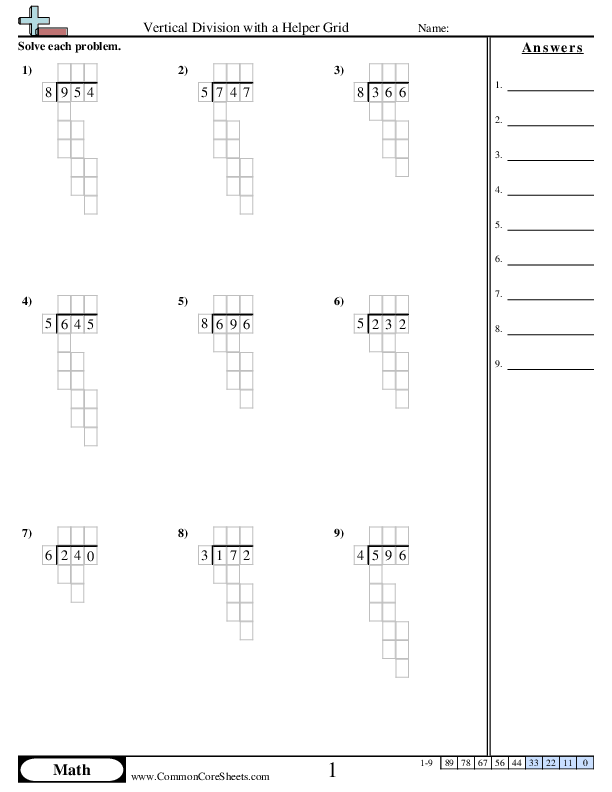 Division Worksheets - Vertical Division with a Helper Grid worksheet